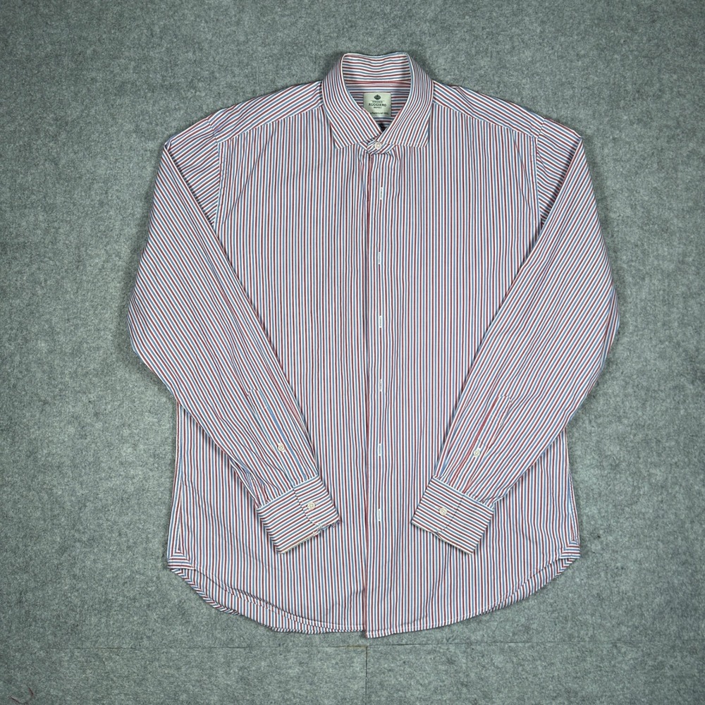Vincenzo Ruggiero Button Down Shirt Mens 42 Large Red Blue Striped Cotton luxury
